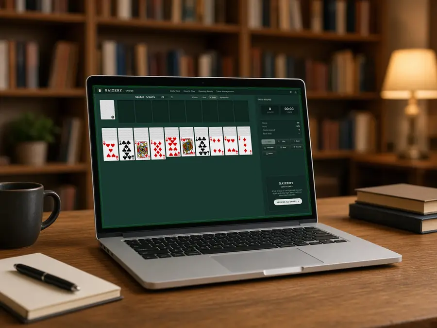 Office monitor showing 4-suit Spider midgame table management