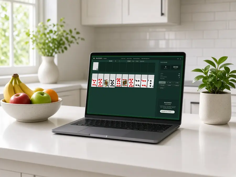 Cafe laptop showing the home two-suit Spider board with ten columns